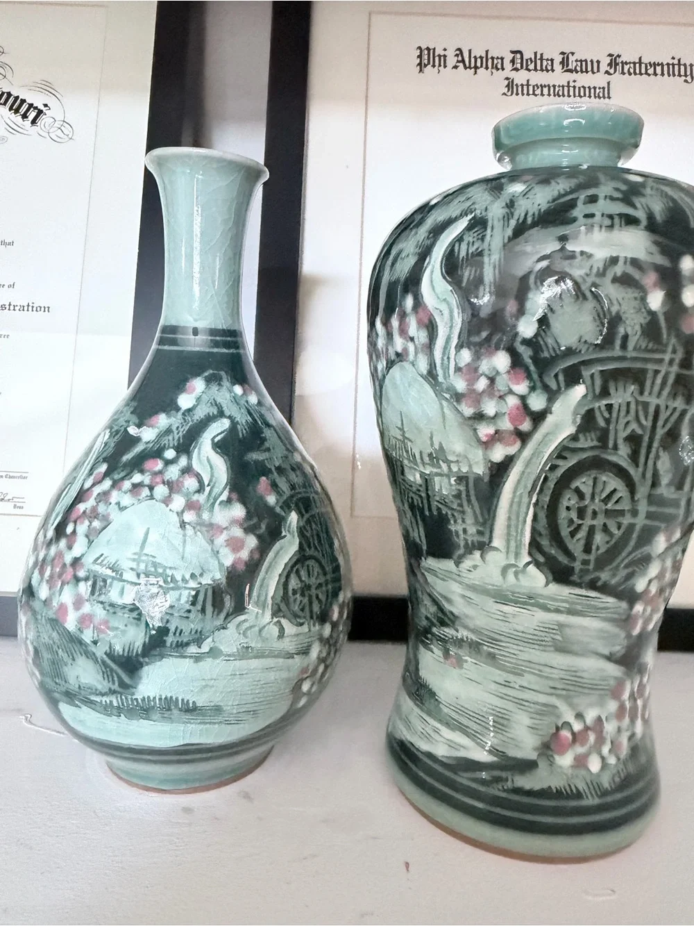 Vintage Korean Haegwang Celadon Sanggam Vase Pair w/ Certificate